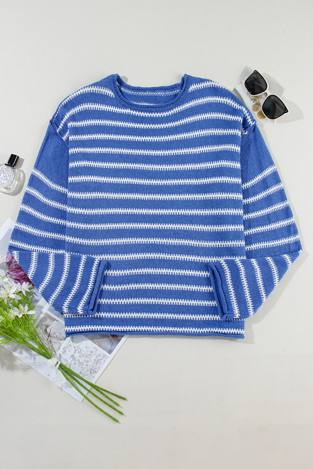 Sky Blue Casual Stripe Round Neck Drop Shoulder Sweater