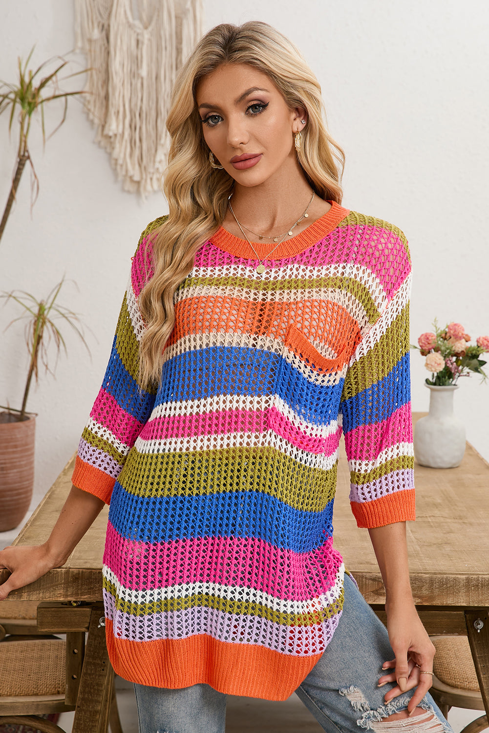 Pink Striped Color Block Hollow Crochet 3/4 Sleeve T Shirt