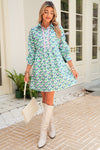 Green Floral Print Scallop Trim Pocket Mini Dress