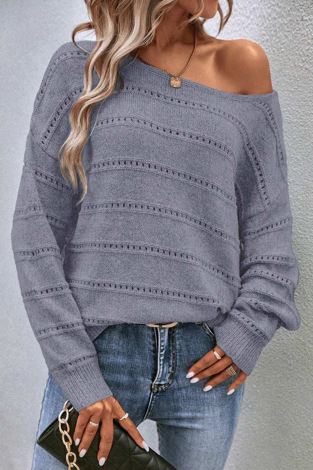 Pale Khaki Boat Neck Drop Shoulder Pointelle Knit Sweater