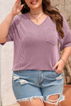 Black Twist Corded V-Neck Plain Plus T-Shirt