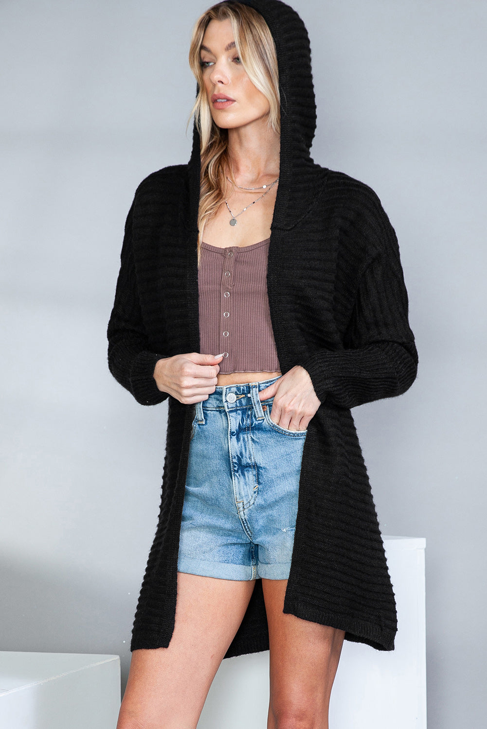 Black Horizontal Rib Knitted Open Front Hooded Cardigan