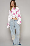 Beige Flower Print Drop Shoulder Hollow Knit Sweater