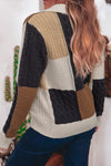 Multicolor Colorblock Cable Knit Sleeve Buttons Collared Sweater
