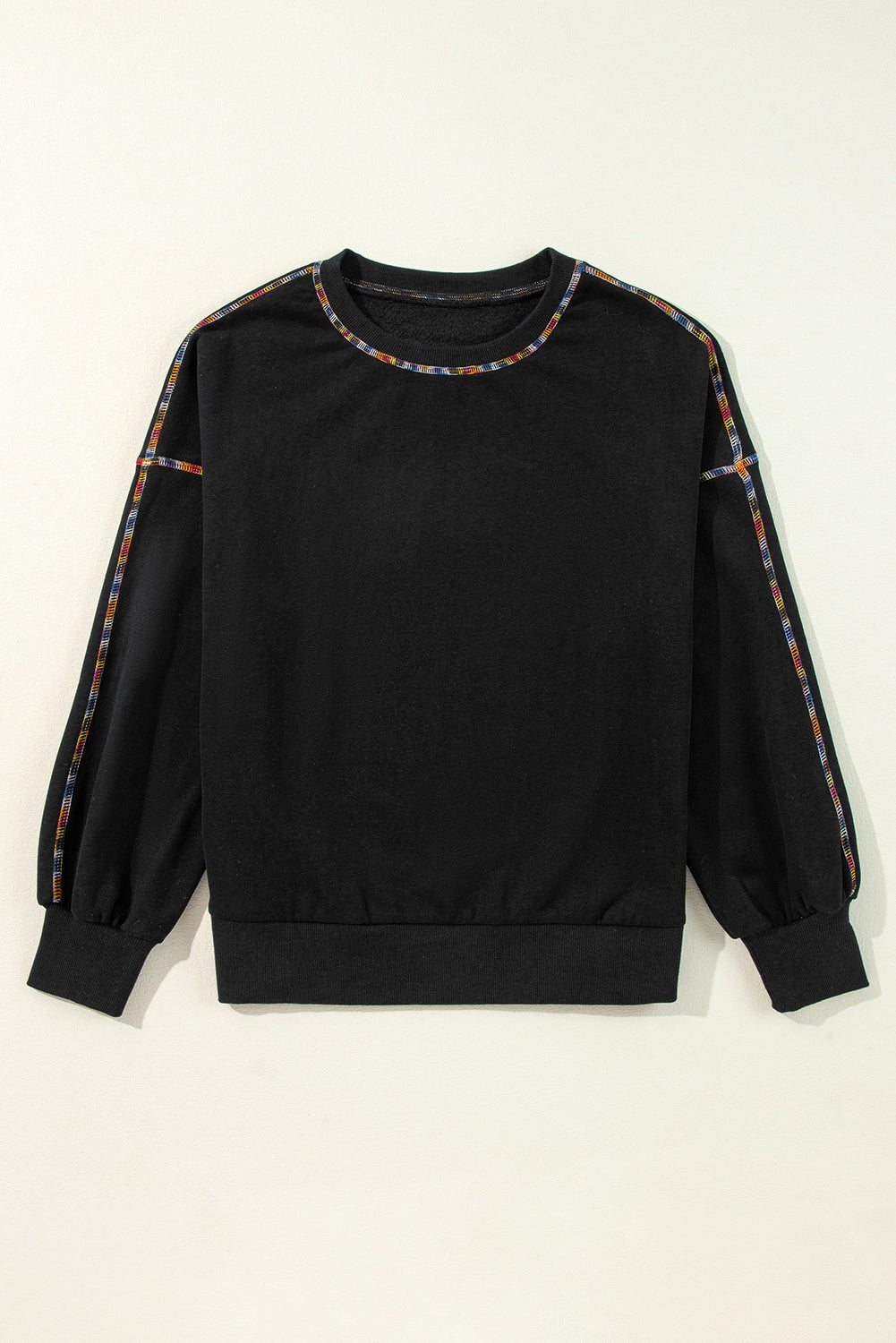 White Contrast Rainbow Trim Drop Shoulder Pullover Sweatshirt