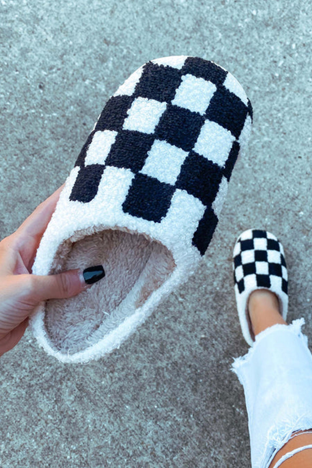 Light Blue Checkered Print Fuzzy Slip On Winter Slippers