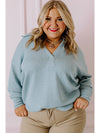 Beau Blue Textured Turn-down V Neck Drop Shoulder Plus Size Top