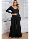 Black Plain Ribbed Crop Top & Wide Leg Pants Two Piece Pants Set