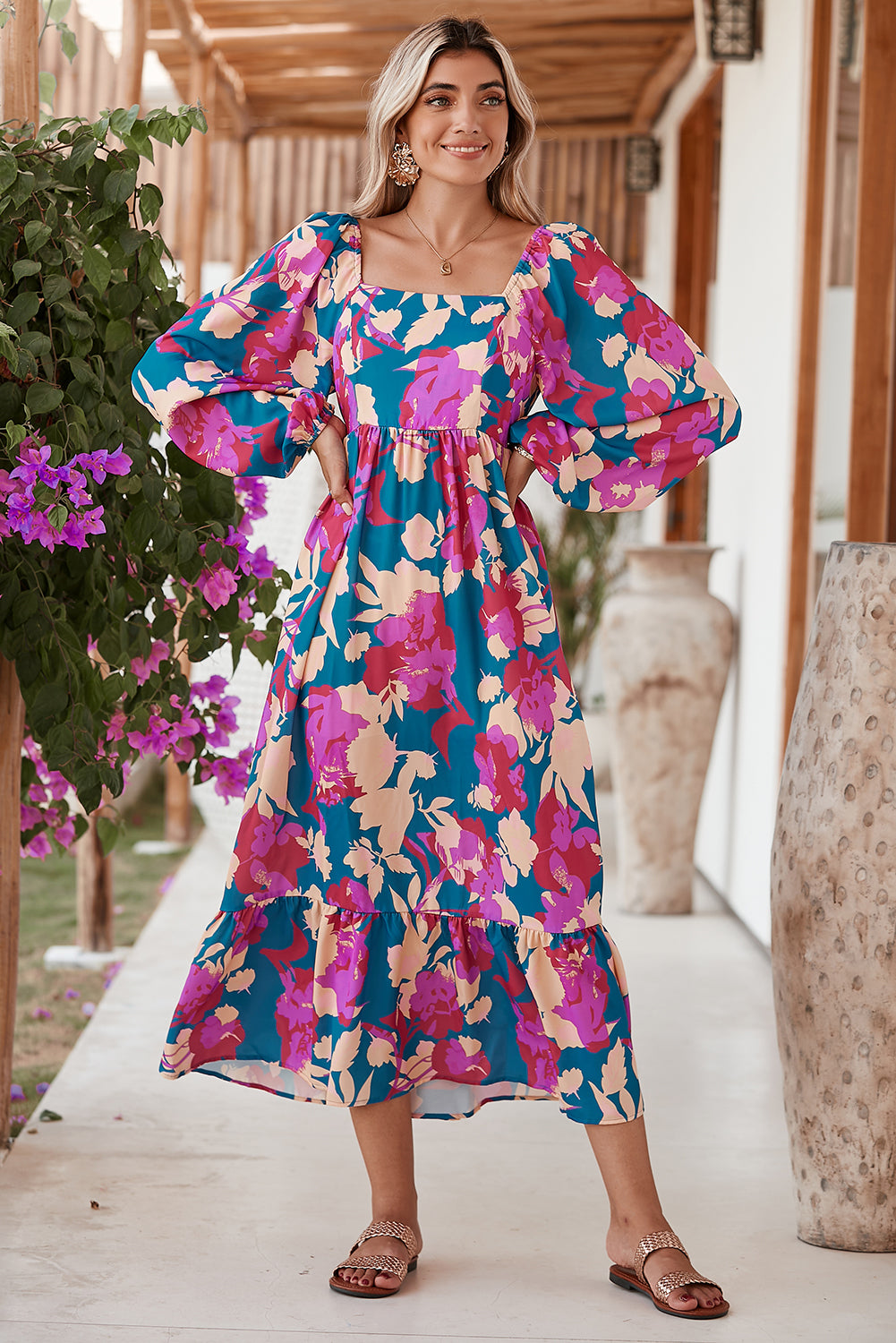 Multicolor Boho Floral Print Square Neck Ruffle Midi Dress