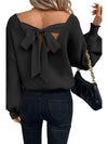 Coffee Lantern Sleeve V Neck Knot Back Sweater