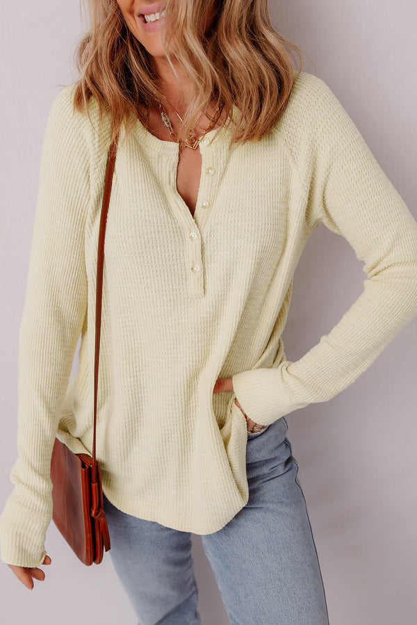 Oatmeal Textured Knit Half Button Henley Top