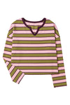 Spinach Green Striped V-Neck Rib-knit Pullover Top