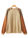 Khaki Crochet Patchwork Raglan Sleeve Sweatshirt