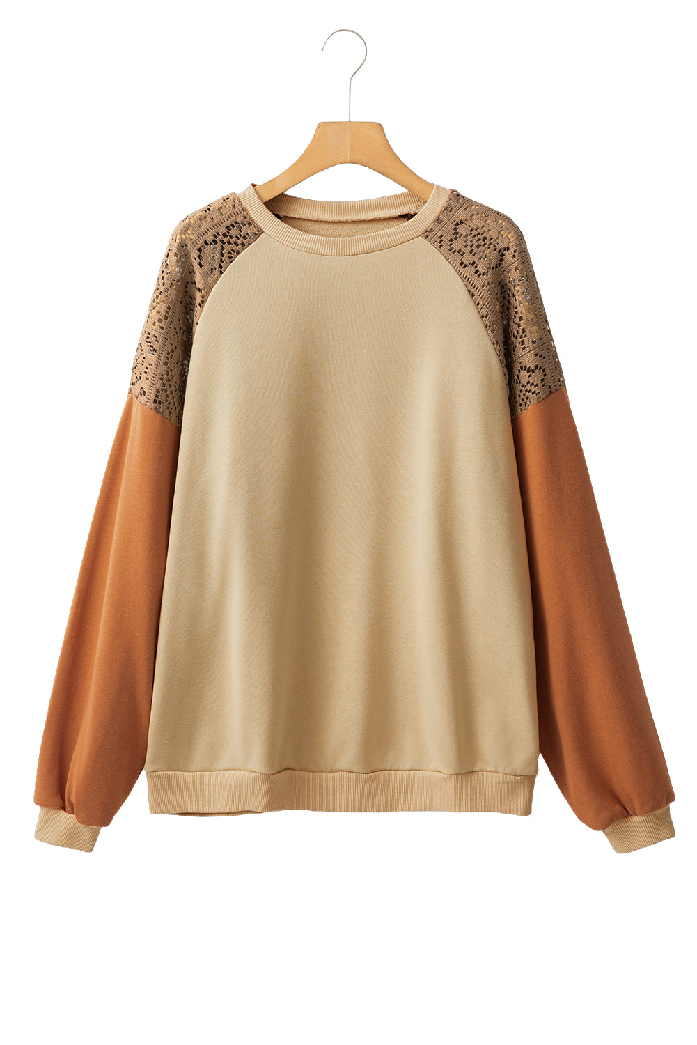 Khaki Crochet Patchwork Raglan Sleeve Sweatshirt