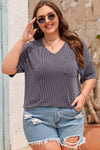 Black Twist Corded V-Neck Plain Plus T-Shirt