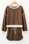 Coffee Contrast Trim Loose Pullover and Lace-up Waist Skort Set