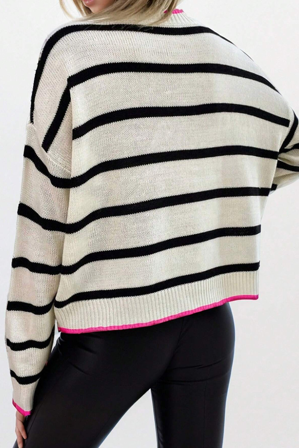 White Stripe Contrast Trim Drop Shoulder Sweater