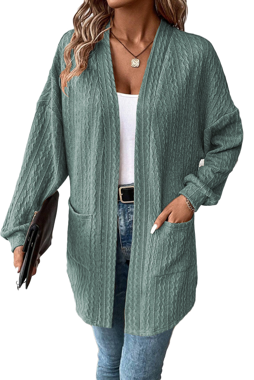 Canton Textured Knit Side Pockets Open Front Cardigan