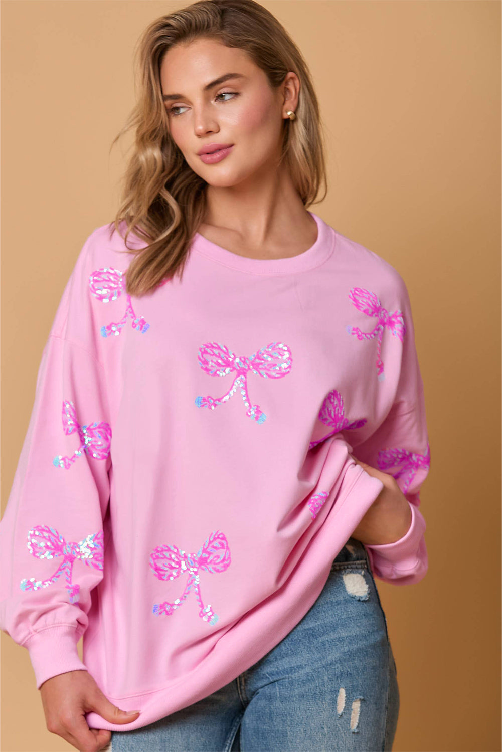 Pink Sequined Bow Graphic Round Neck Drop Sleeve Sweatshirt