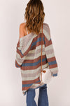 Black Striped Color Block Casual Hollow Cable Knit Cardigan