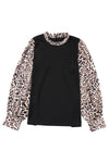 Black Leopard Print Lantern Sleeve Back Keyhole Blouse