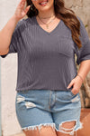 Black Twist Corded V-Neck Plain Plus T-Shirt