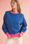 Blue Contrast Trim Bubble Sleeve Sweatshirt