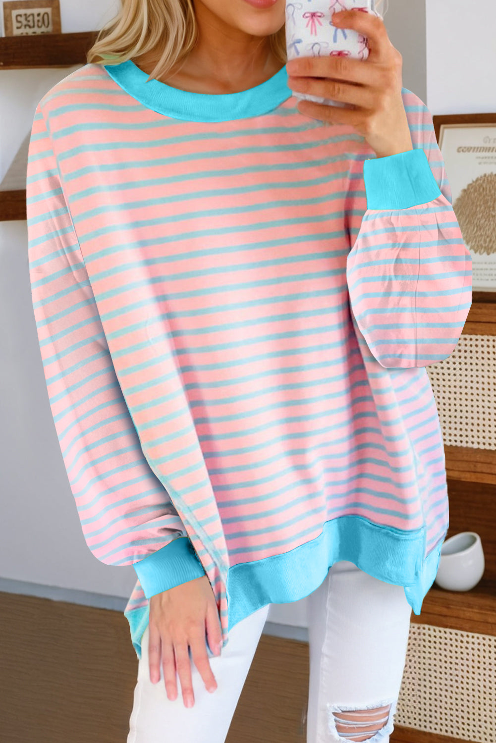 Sky Blue Stripe Contrast Trim High Low Tunic Sweatshirt