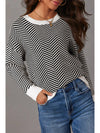 Coffee Stripe Contrast Edge Crew Neck Drop Shoulder Sweater