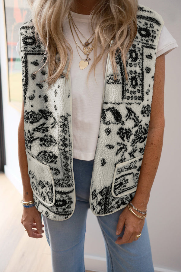 Beige Sherpa Paisley Print Pocketed Fashion Vest Jacket