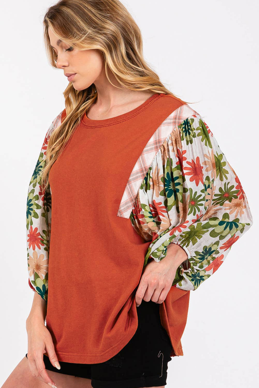 Desert Gold Floral Patchwork Sleeve Loose Top