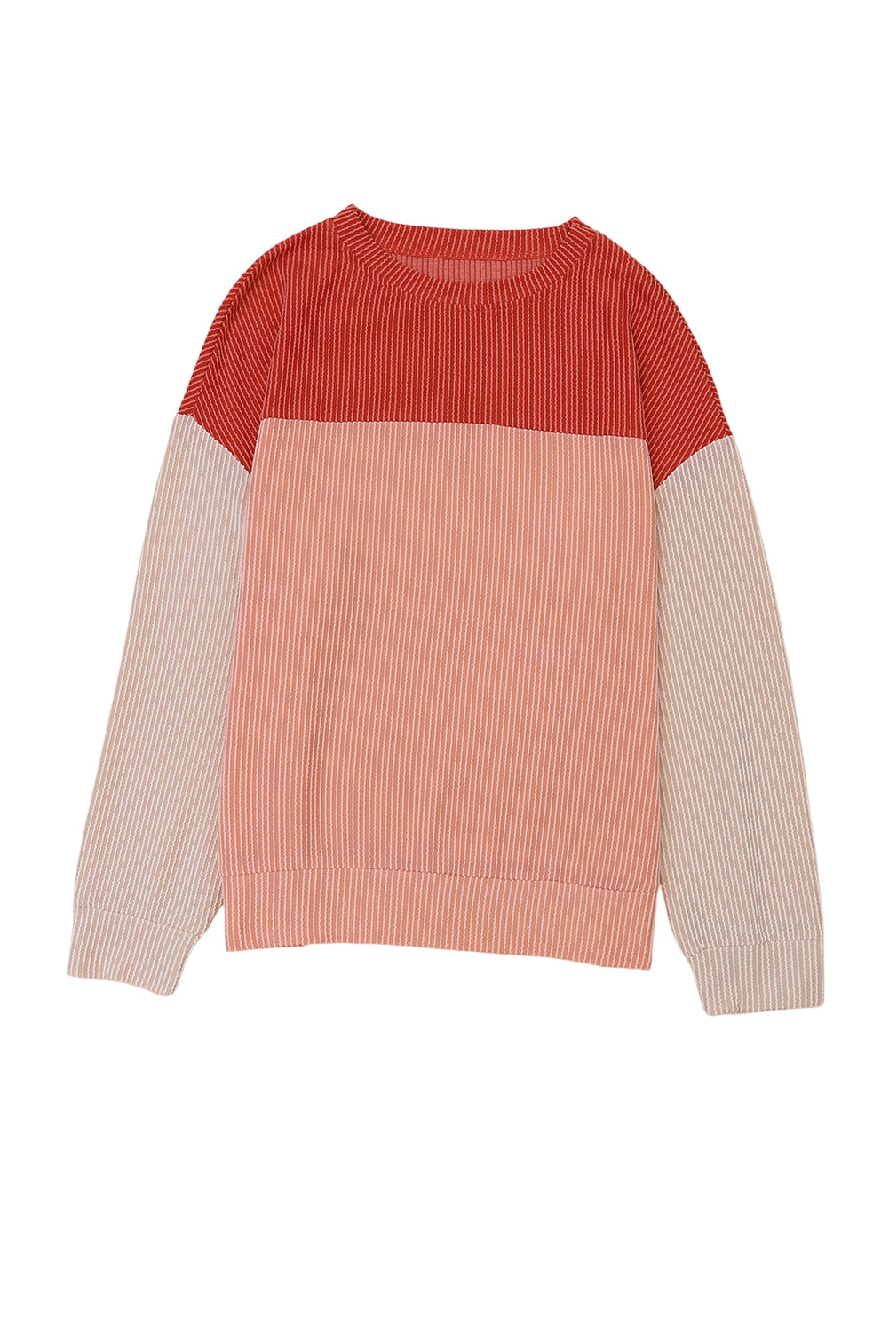 Red Color Block Ribbed Loose Long Sleeve Top