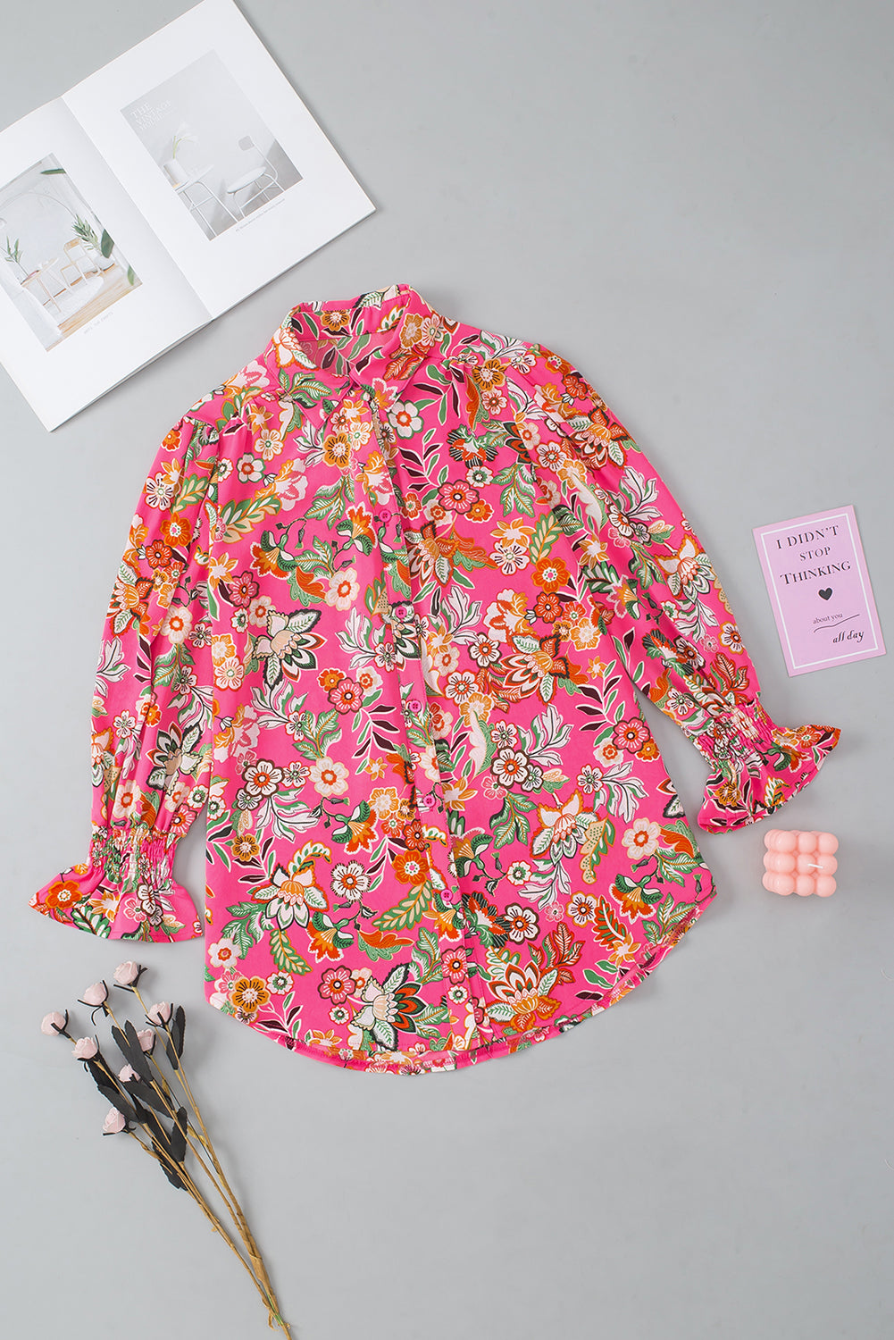 Pink Boho Floral Print Puff Sleeve Shirred Cuffs Blouse