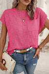 Bright Pink Lattice Textured Knit Chest Pocket Loose Blouse