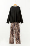 Black Leopard Patched Pocket Long Sleeve Top Plus Size Pajama Set