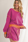 Coffee Contrast Trim Loose Pullover and Lace-up Waist Skort Set