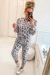 Khaki Leopard Print Drawstring Hoodie and Skinny Pants Pajama Set