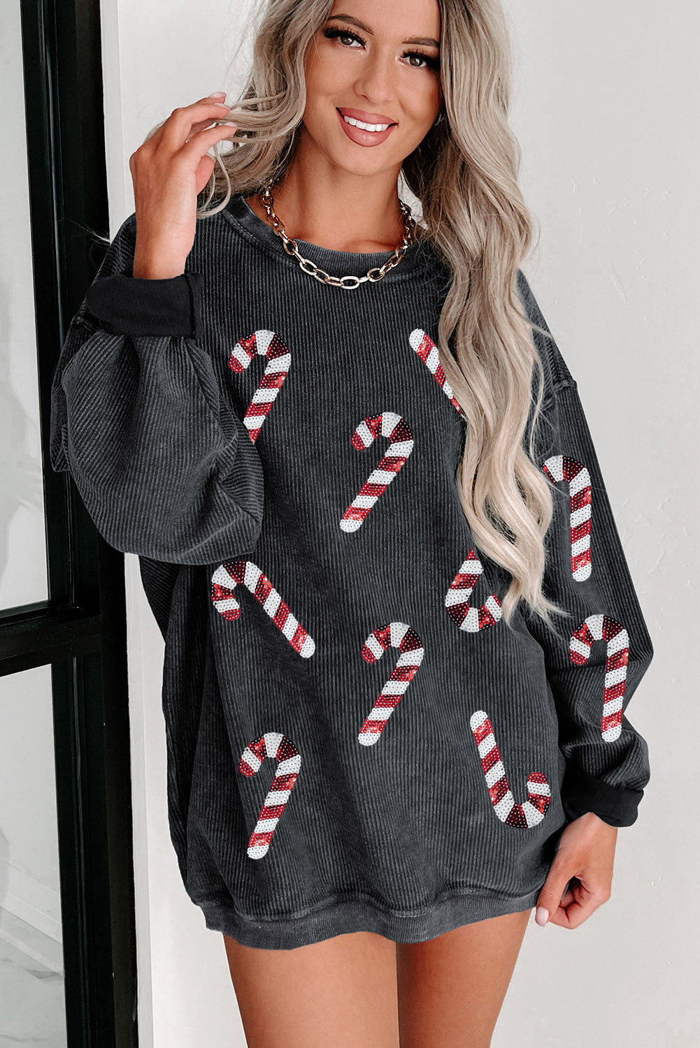 Pink Xmas Candy Cane Shining Graphic Corded Sweatshirt