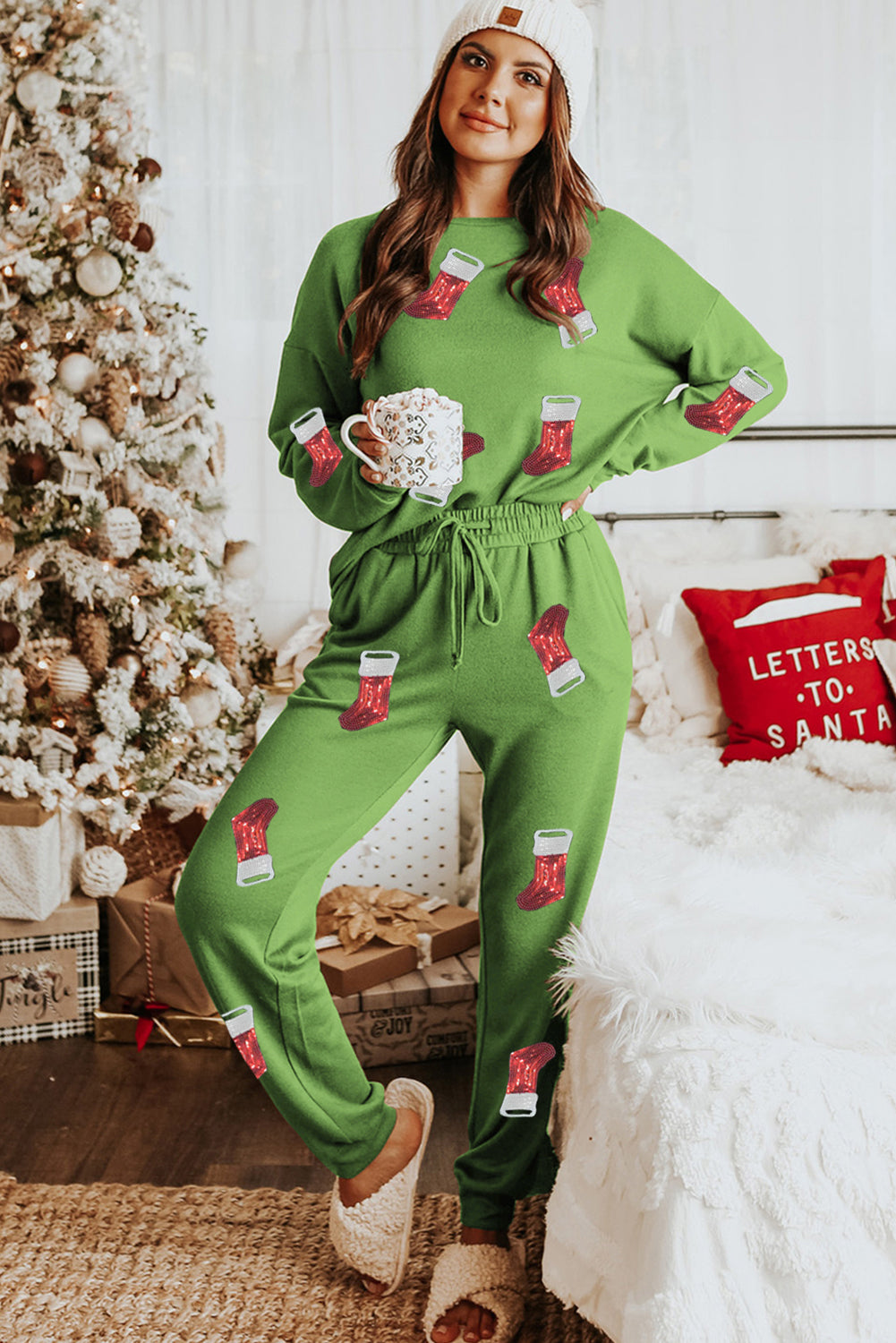 Spinach Green Sequin Christmas Stockings Graphic Loungewear Set