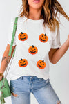 White Chenille Halloween Pumpkin Patched Casual T Shirt