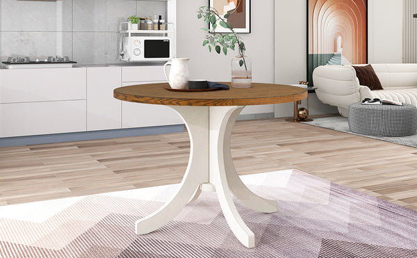 TOPMAX Mid-Century Solid Wood 5-Piece Round Dining Table Set, Kitchen Table Set with Upholstered Chairs for Small Places, Walnut Table+Beige Chair (old sku:SH000226AAD)