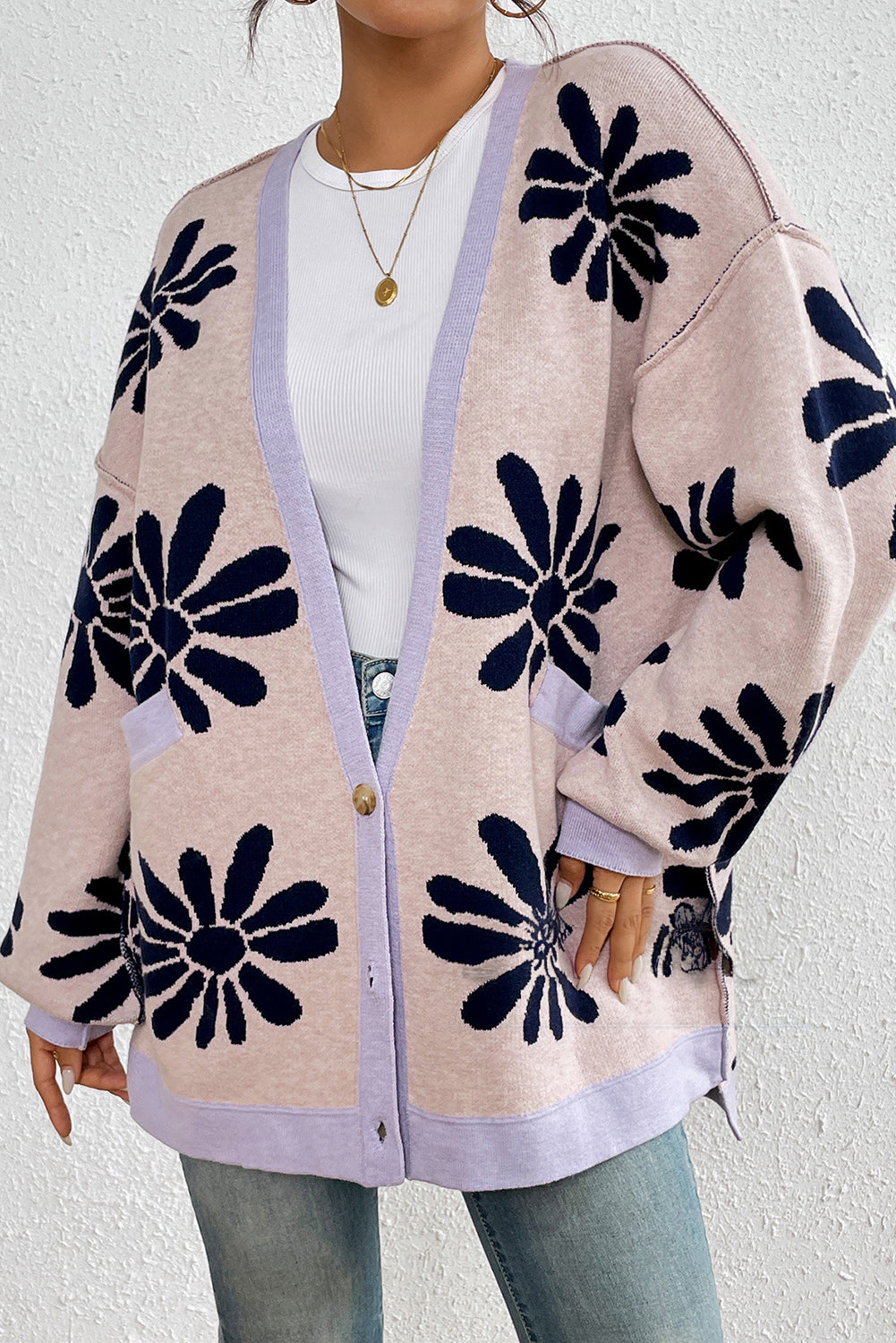 Pink Floral Print V-neck Side Pockets Knit Cardigan