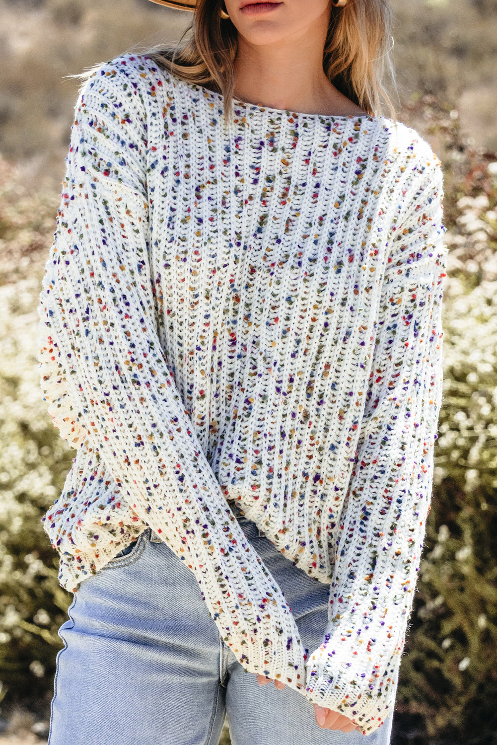 White Confetti Reversible Twist Sweater