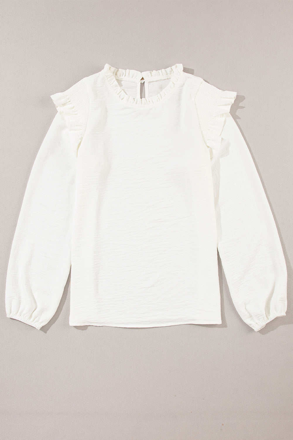 White Frilled Neck Ruffled Trim Bubble Sleeve Blouse