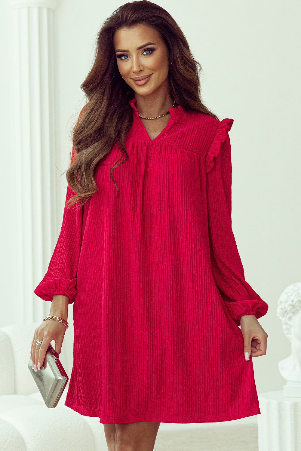 Fiery Red Frill Trim V Neck Loose Fit Ribbed Mini Dress