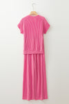 Blue Solid Corded Short Sleeve T Shirt and Wide Leg Pants Set