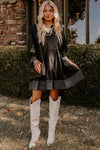 Black Contrast Stitched V Neck 3/4 Sleeve Swing Mini Dress