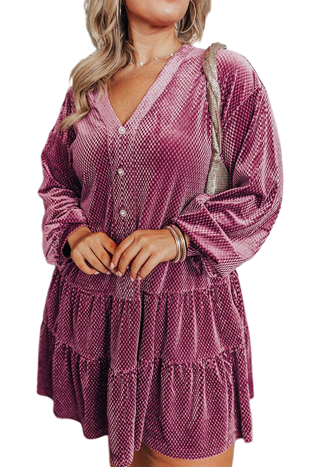 Meadow Mauve Textured Velvet Buttons Tiered Plus Size Dress