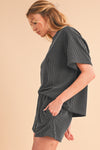 Carbon Grey Ribbed Textured Loose Fit Tee & Shorts Set