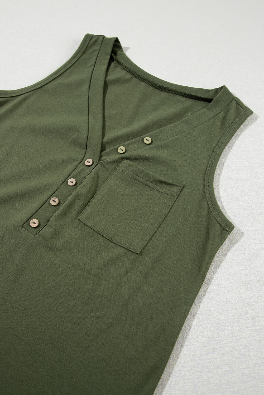 Jungle Green Half Button V Neck Patched Pocket Tank Top